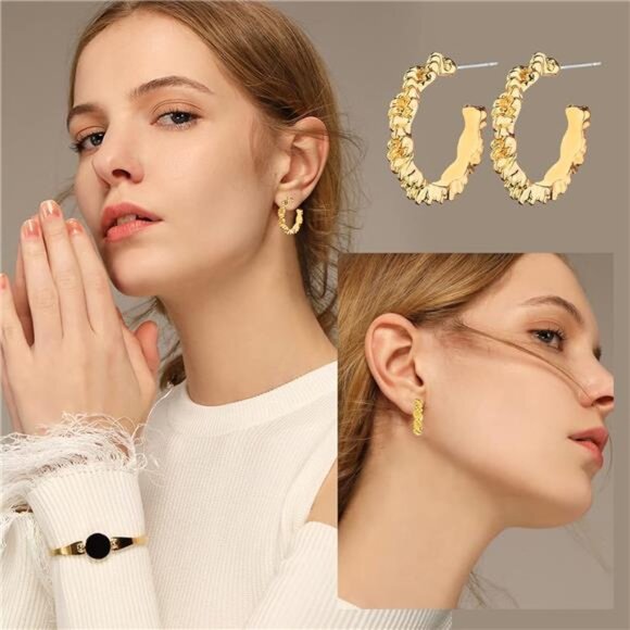 Gold Chunky Hoop Earrings Set for Women, 14K Gold Plated Twisted Huggie Earring - Picture 3 of 7